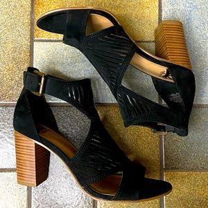 Fergalicious by Fergie. Black Suede. Size 7.5. Wooden block heel sandals